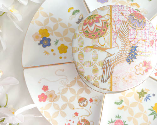 豪華絢爛〜鶴が舞う陶器の3段お重 扇皿5枚セット 大皿 ❤︎Blanche