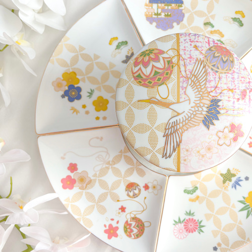 豪華絢爛〜鶴が舞う陶器の3段お重 扇皿5枚セット 大皿 ❤︎Blanche