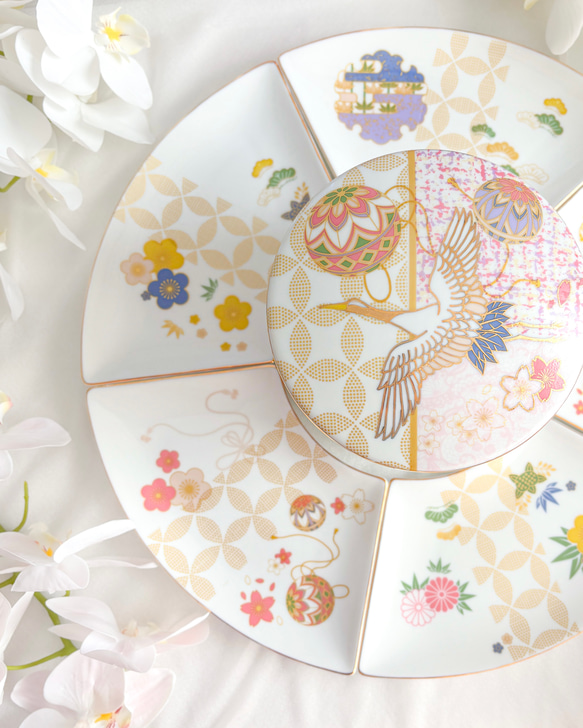 豪華絢爛〜鶴が舞う陶器の3段お重 扇皿5枚セット 大皿 ❤︎Blanche