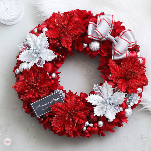 超早割クリスマス2023』レッド＆シルバーポインセチアのリース（直径約