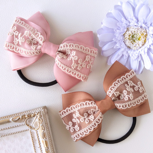 ヘアゴム♡fleur ribbon♡レース♡花柄♡ピンク♡ハンドメイド