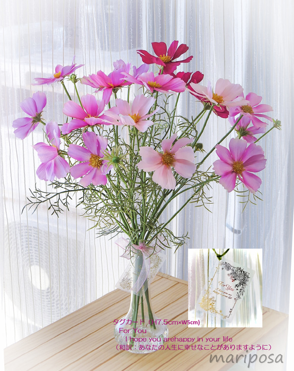 コスモス・4色の秋を楽しむ秋桜の花 ～ ガラスとクリアジェルの透明感でリラックス・クリアタグカード付・無料セロファンR 3枚目の画像