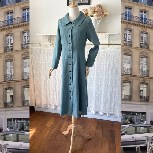 起毛リネンの襟付きフレアワンピース『秋冬リネン・前開き・長袖  