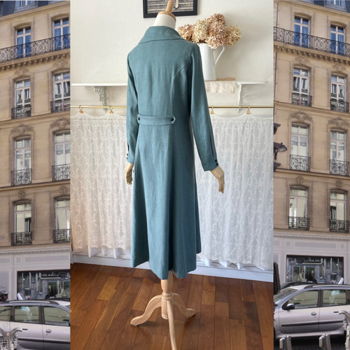 起毛リネンの襟付きフレアワンピース『秋冬リネン・前開き・長袖  