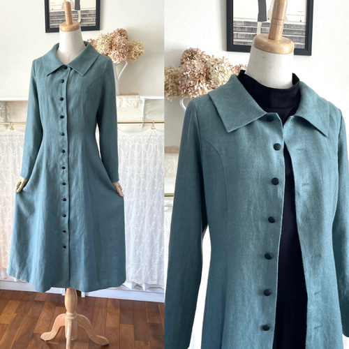 起毛リネンの襟付きフレアワンピース『秋冬リネン・前開き・長袖  