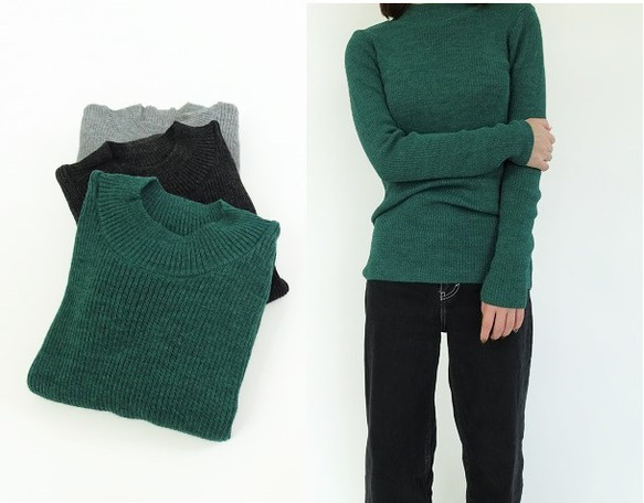【日本製 3色】高領羅紋針織套頭衫（希瑟綠、炭色） 第3張的照片