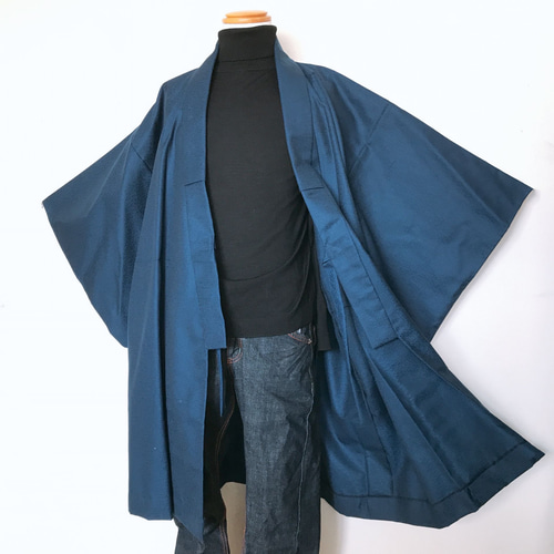 着物リメイク　作務衣⑦⑧ 着物リメイク 男性 着物袖 作務衣コート ロング 紺色 無地 和装