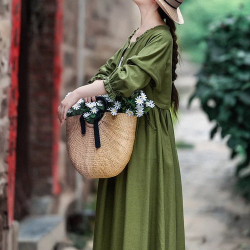 リネン混 フリルカラー2way長袖ワンピース ポケット付き【秋春】カーキ