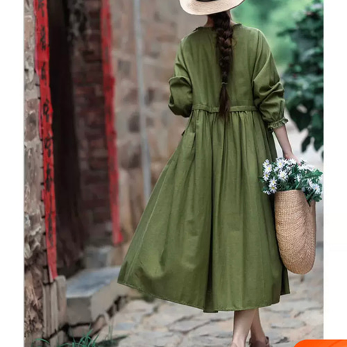 リネン混 フリルカラー2way長袖ワンピース ポケット付き【秋春】カーキ