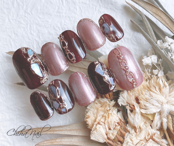 秋ネイル ボルドーネイル チェーンネイル シェルネイル 大人ネイル