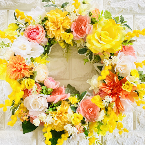 ミモザとラナンキュラスと薔薇のリース 特大50cm アーティフィシャル