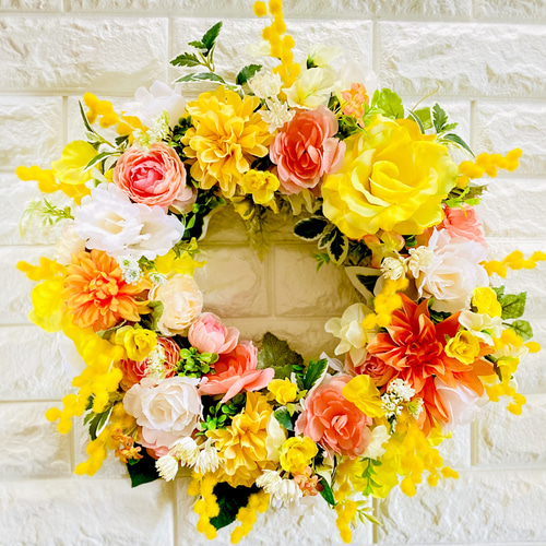 ミモザとラナンキュラスと薔薇のリース 特大50cm アーティフィシャル