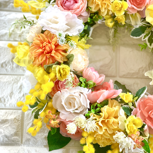 ミモザとラナンキュラスと薔薇のリース 特大50cm アーティフィシャル