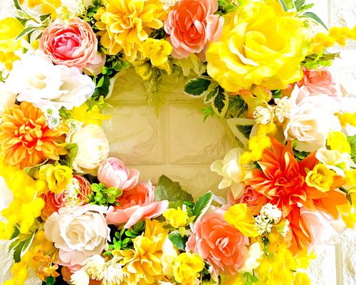 ミモザとラナンキュラスと薔薇のリース 特大50cm アーティフィシャル