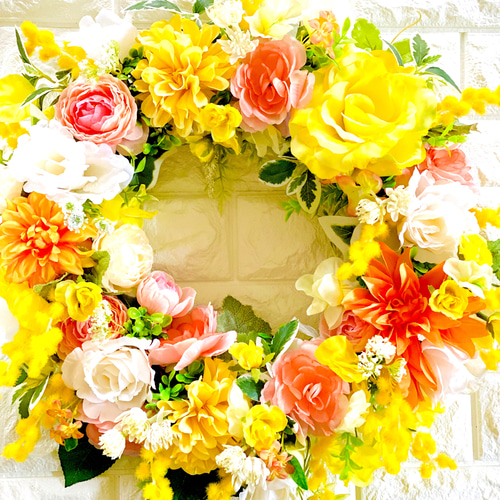 ミモザとラナンキュラスと薔薇のリース 特大50cm アーティフィシャル