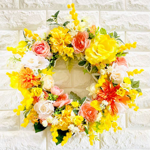 ミモザとラナンキュラスと薔薇のリース 特大50cm アーティフィシャル