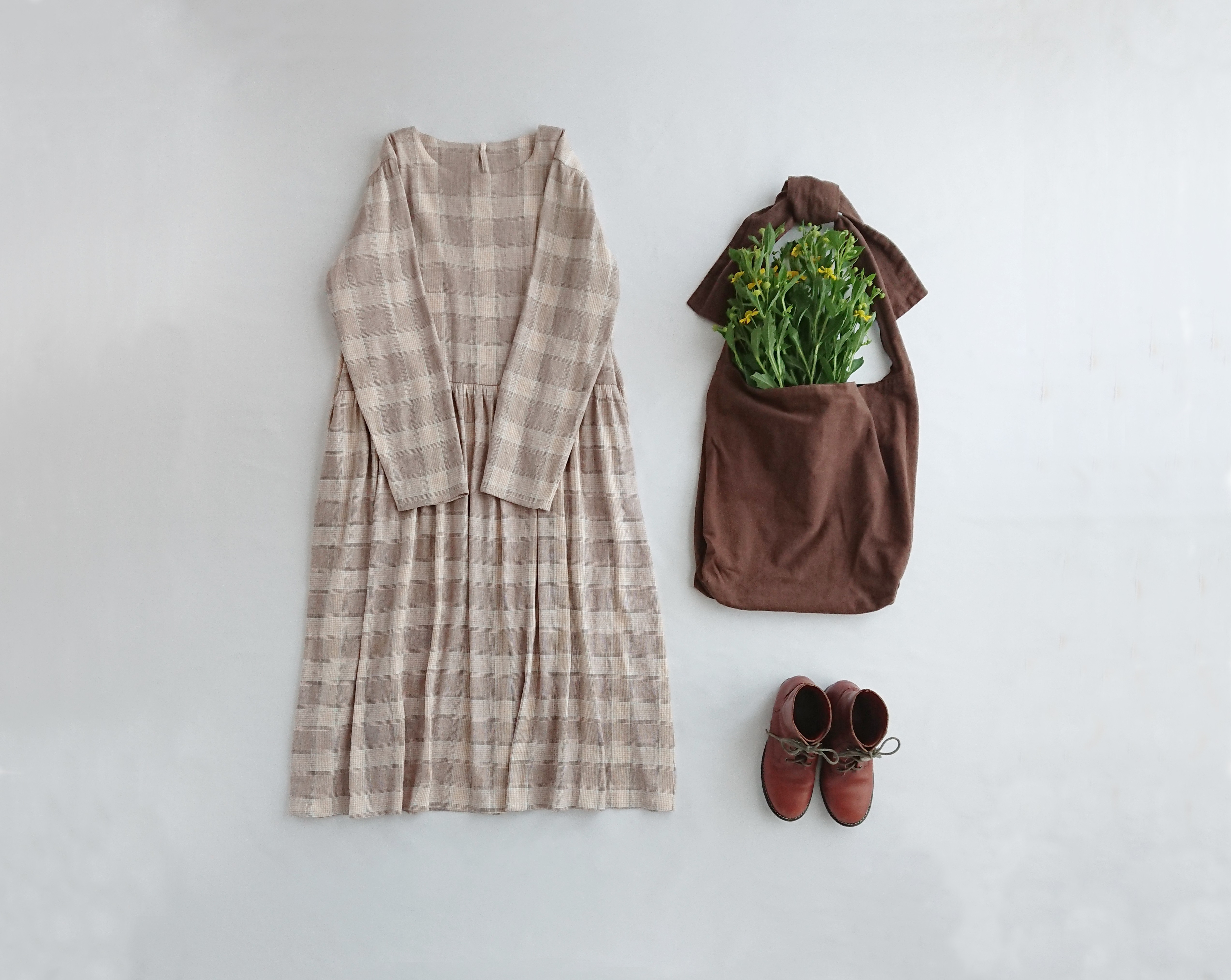 コットンチェックウエスト切り替えワンピース