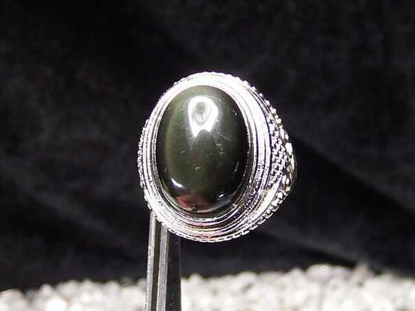 緑シラー効果有りオブシディアン指輪約19.5号天然石リングU0492 2枚目の画像