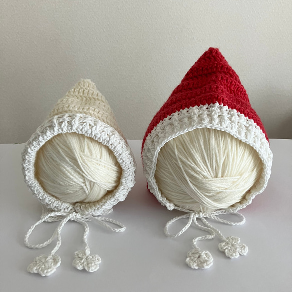クリスマス☆サンタ帽子のベビーボンネット　新生児～1歳　手編み　ニューボーンフォトにも 8枚目の画像