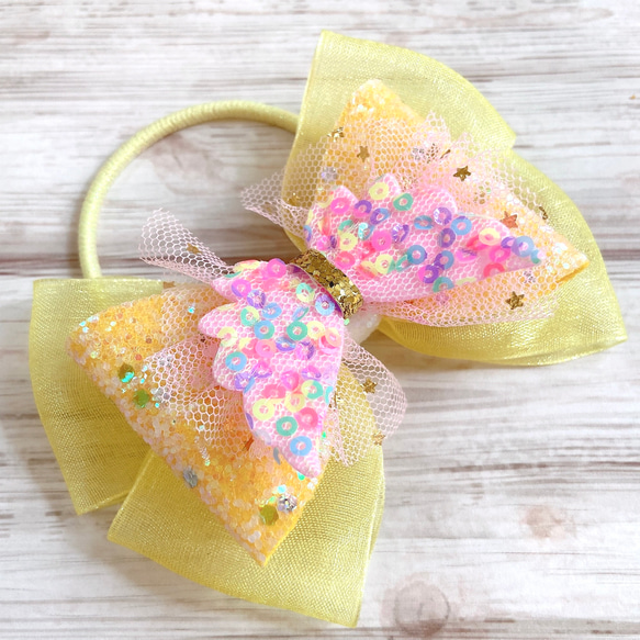 グリッターリボン 蝶々（イエロー）ヘアゴム forキッズ 星 きらきら ちょうちょ 雑貨・その他 CielBleu シエルブルー 通販