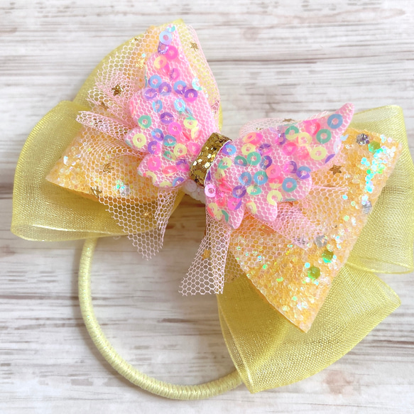グリッターリボン 蝶々（イエロー）ヘアゴム forキッズ 星 きらきら ちょうちょ 雑貨・その他 CielBleu シエルブルー 通販