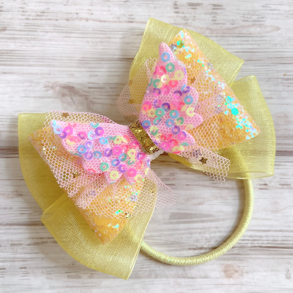 グリッターリボン 蝶々（イエロー）ヘアゴム forキッズ 星 きらきら ちょうちょ 雑貨・その他 CielBleu シエルブルー 通販