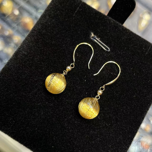 天然無処理 タイチンルチルクォーツ 丸玉ピアス k18 ピアス