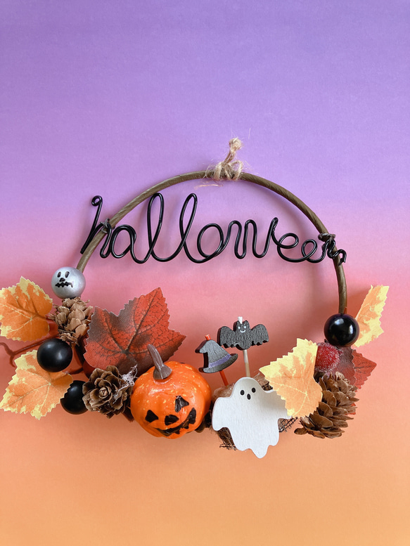 ちーちゃん「ハロウィンリース」「キッチン飾り」ワイヤークラフト コルクインテリア☆ワイヤーアート☆ハロウィン リース