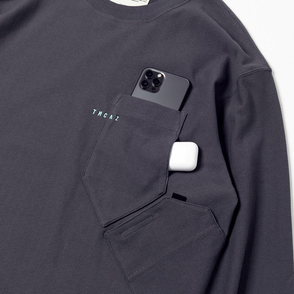 TMCAZ LS PocketTee [チャコール] オーバーサイズ ロングスリーブ ダブルポケットTシャツ 綿100% 11枚目の画像