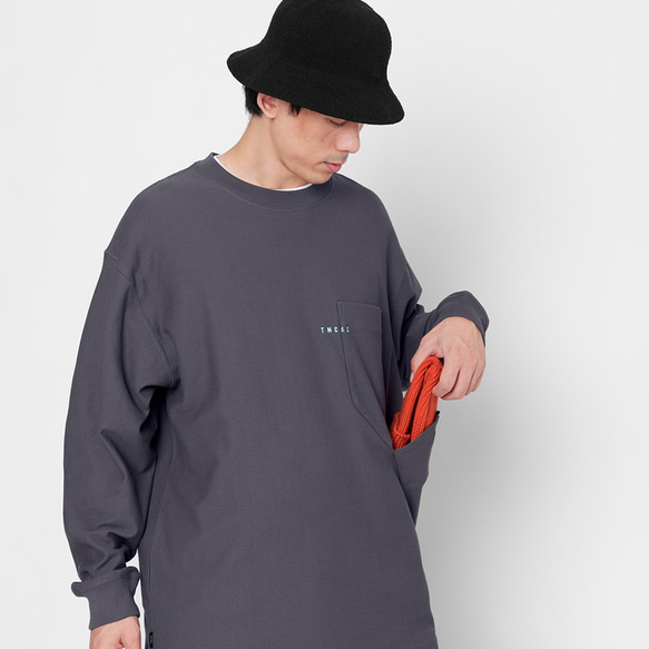 TMCAZ LS PocketTee [チャコール] オーバーサイズ ロングスリーブ ダブルポケットTシャツ 綿100% 2枚目の画像