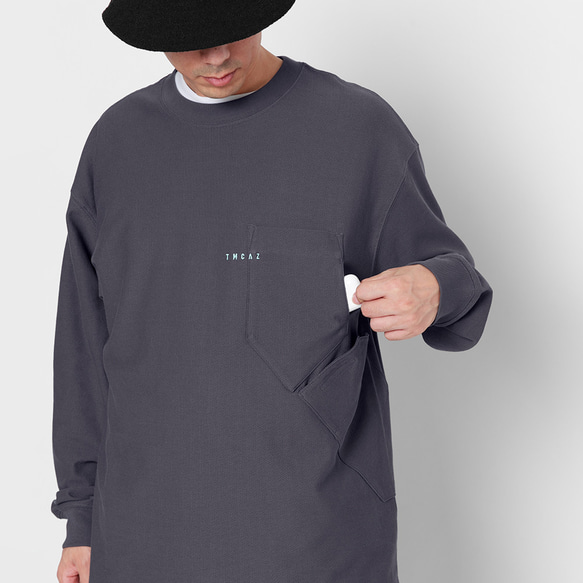 TMCAZ LS PocketTee [チャコール] オーバーサイズ ロングスリーブ ダブルポケットTシャツ 綿100% 5枚目の画像