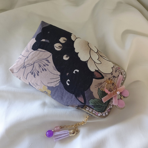 ツンデレ黒猫ちゃんモーブver.☆がま口 ポーチ タバコケース/メガネも  