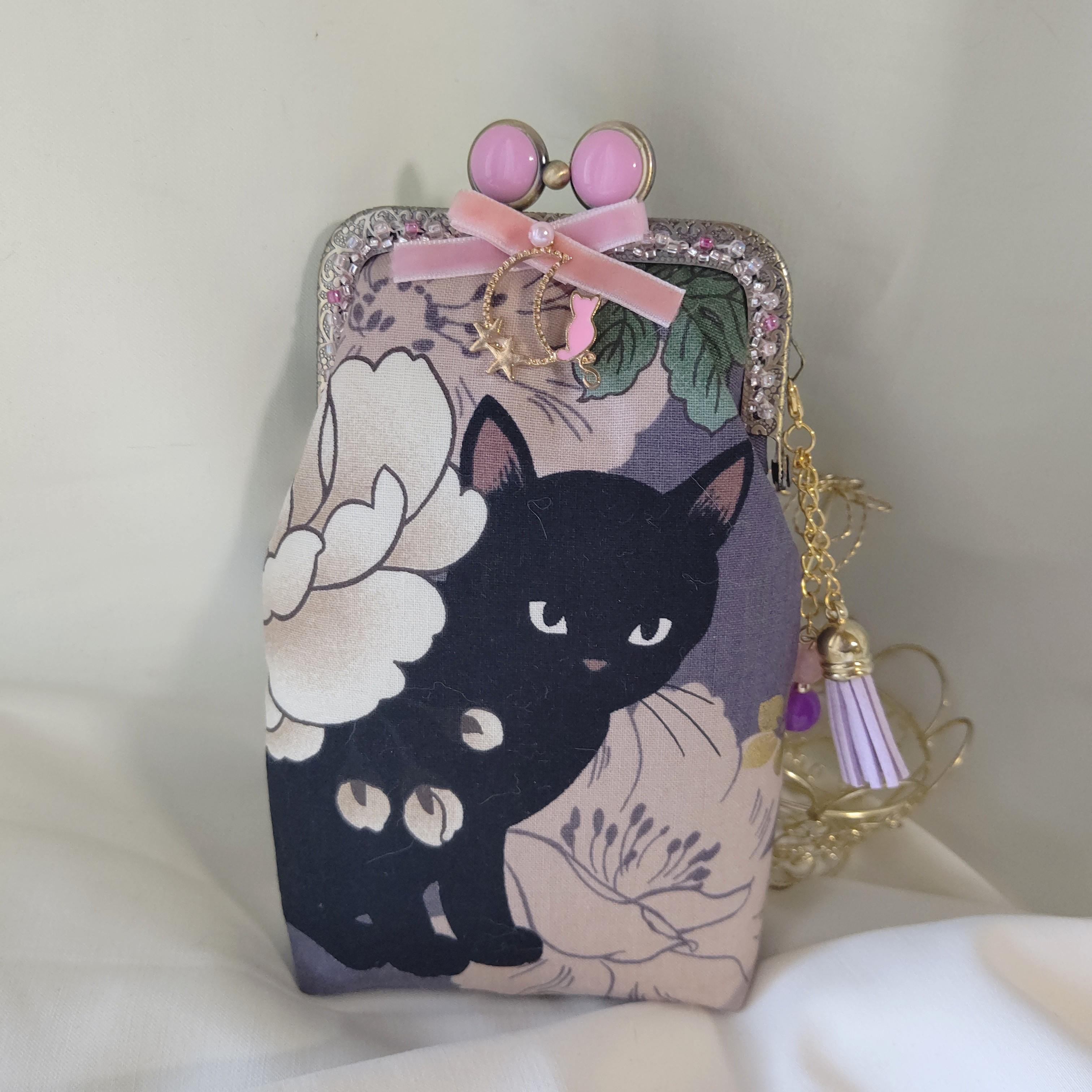 ツンデレ黒猫ちゃんモーブver.☆がま口 ポーチ タバコケース/メガネも 