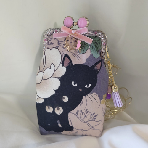 ツンデレ黒猫ちゃんモーブver.☆がま口 ポーチ タバコケース/メガネも  