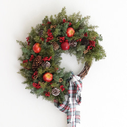 【早割クリスマス2022】小さい赤い木の実のクリスマスリース・ハーフ（チェックリボン） 1枚目の画像