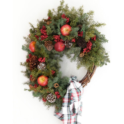 【早割クリスマス2022】小さい赤い木の実のクリスマスリース・ハーフ（チェックリボン） 4枚目の画像