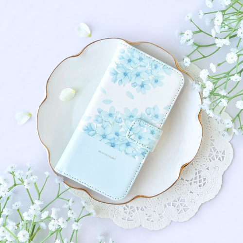 仕切りポシェット✫モカ/淡いブルーのお花柄 残りわずか【受注製作