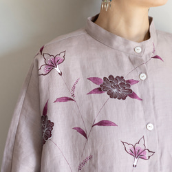 スタンドカラーシャツドレス/くすみピンク　手描き・更紗牡丹 5枚目の画像