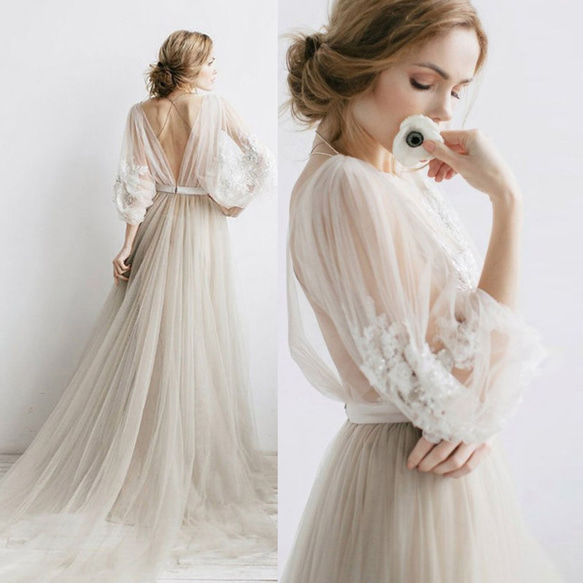 パフスリーブ バックV ウエディングドレス フォトウエディング ドレス  