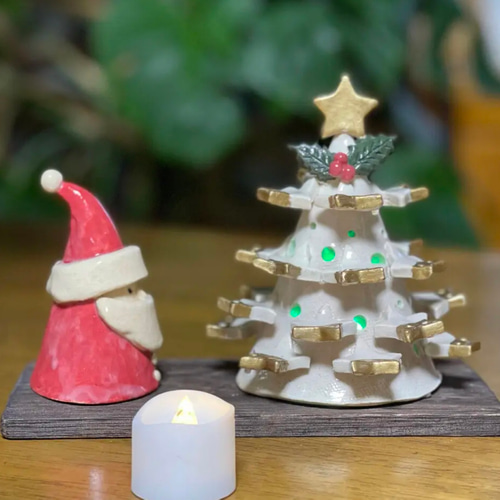 ツリーのキャンドルホルダー陶器陶芸作品サンタクリスマス