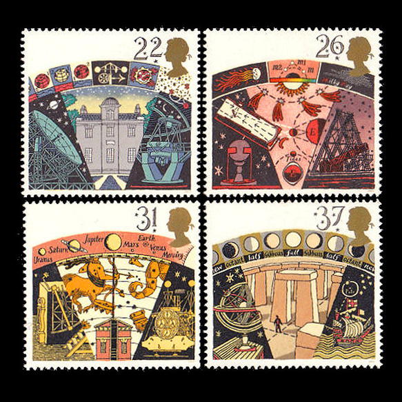 天文学、宇宙 イギリス 1990年 外国切手4種 未使用【宇宙 古切手 ハンドメイド用アクセサリーパーツ素材】 1枚目の画像