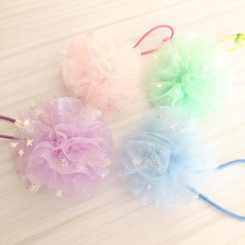 600円～☆ハンドメイド☆チュール☆ポンポン☆ヘアゴム ≪新色≫ポンポンチュールりぼん⑧ まんまるチュール ちゅーる