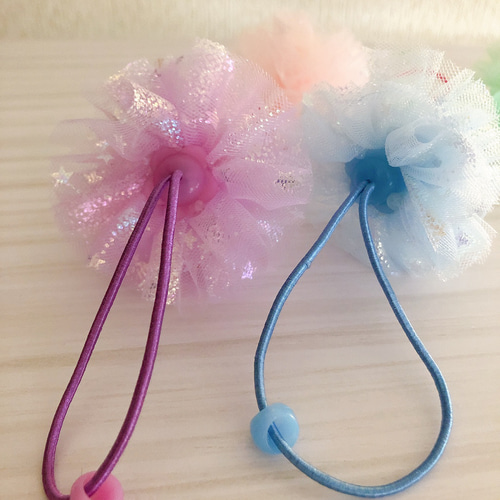 600円～☆ハンドメイド☆チュール☆ポンポン☆ヘアゴム 2個入り ヘアゴム チュール ポンポン パステル スター ラメ バイ