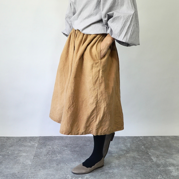 縮褶半身裙/棕色/mikawa Textile 第2張的照片