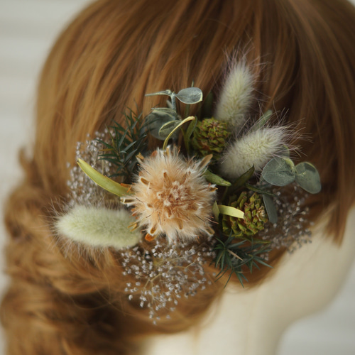 ラグラスとグリーンの髪飾り グリーン プリザーブドフラワー 成人式