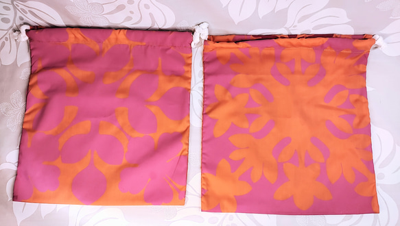 巾着2枚セットハワイアン生地(ピンク系)ダブルループ・ビックキルト柄 2枚目の画像