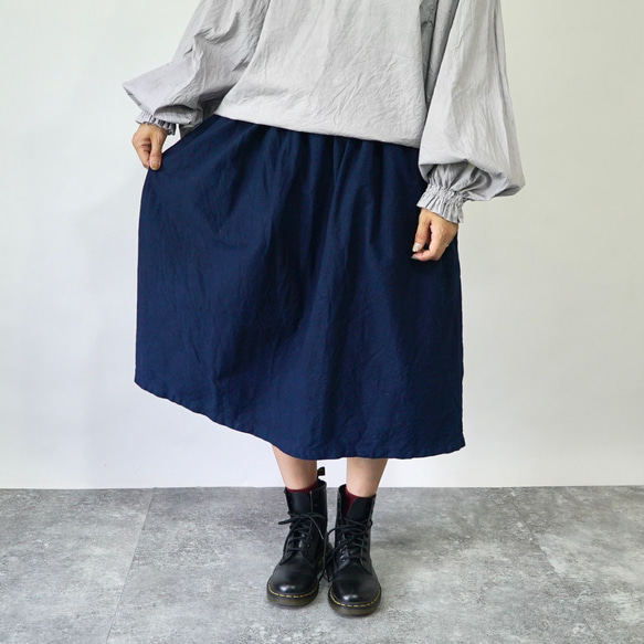縮褶半身裙/海軍藍/mikawa Textile 第1張的照片