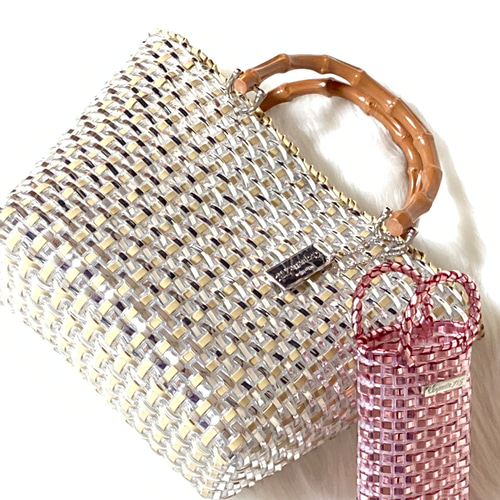 ラメルヘンテープのカゴバッグ Coquette tote シルバー×ラテ かご  