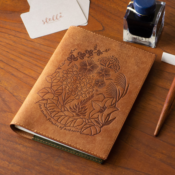 【秋季限定】手帳・ノートカバー　コニャック×オリーブグリーン-秋の七草-（Ａ６／Ｂ６／Ａ５） 1枚目の画像