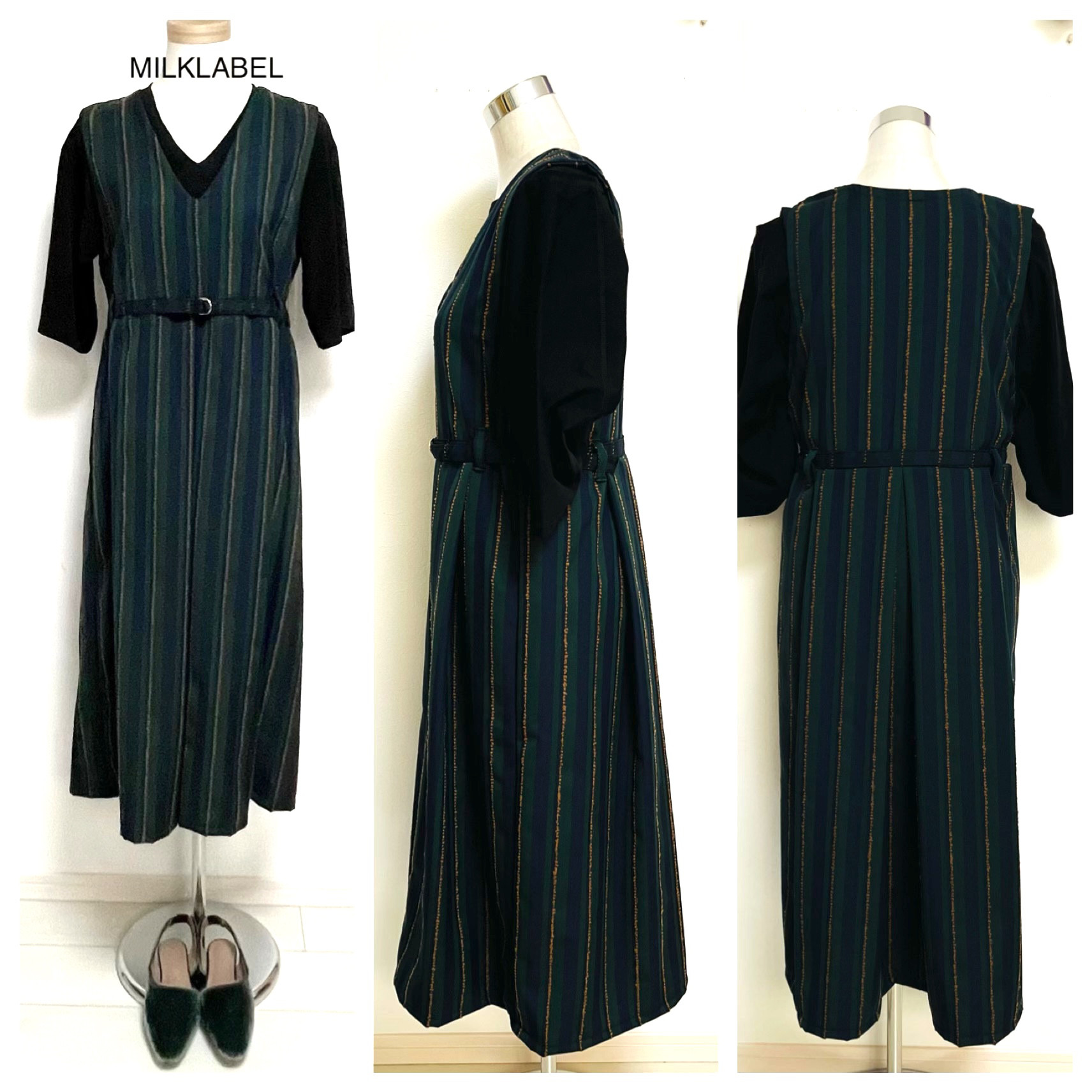 大人可愛いジャンパースカート　グリーンネイビー✖️Stripe